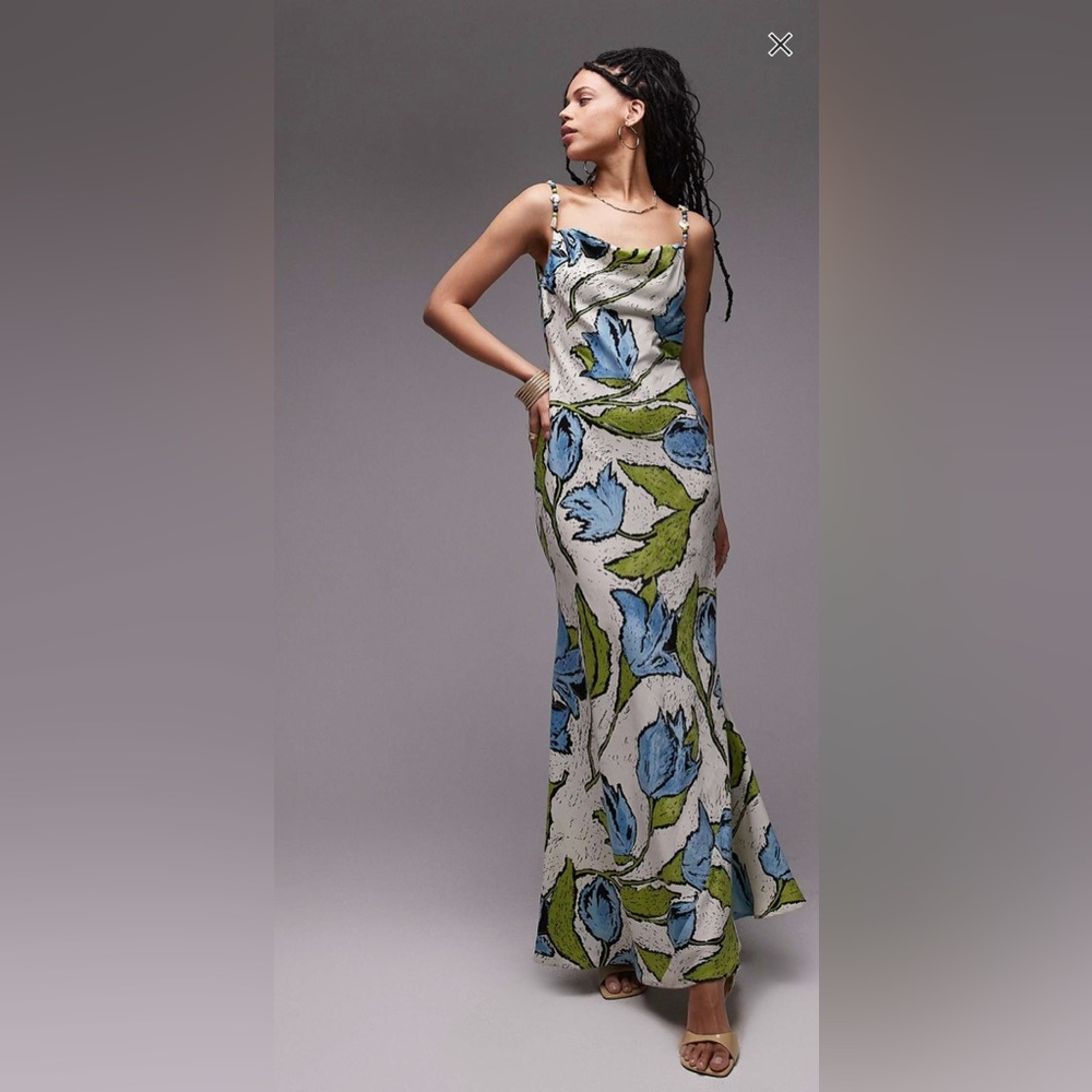 Topshop Blue and Green Cowl Neck Slip Dress with Beaded Straps